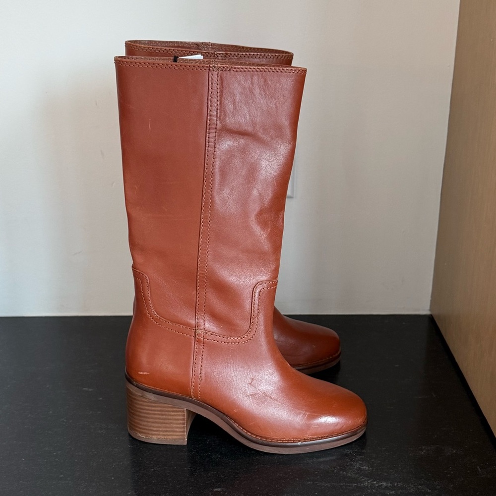 $219 New Mango MNG Cognac Leather Ankle Boots with Block Heel Euro 36 US 6 - Picture 3 of 11